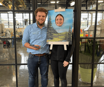 Josie and Kyle on Arborwear Halloween 2021 wearing Bob Ross and a painting costume