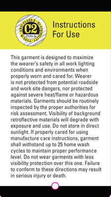 Instructions for Use for High Visibility Safety Apparel Class 2