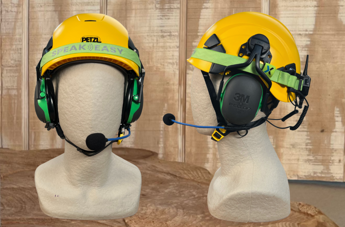 Speak Easy Actio Pro-C+ Wireless Noise-Cancelling Radio sets powered by Vertix on Petzl helmets. Helmets and earmuffs not included.